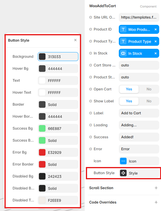 Add To Cart Button Style controls showing button colors and interaction states in Framer