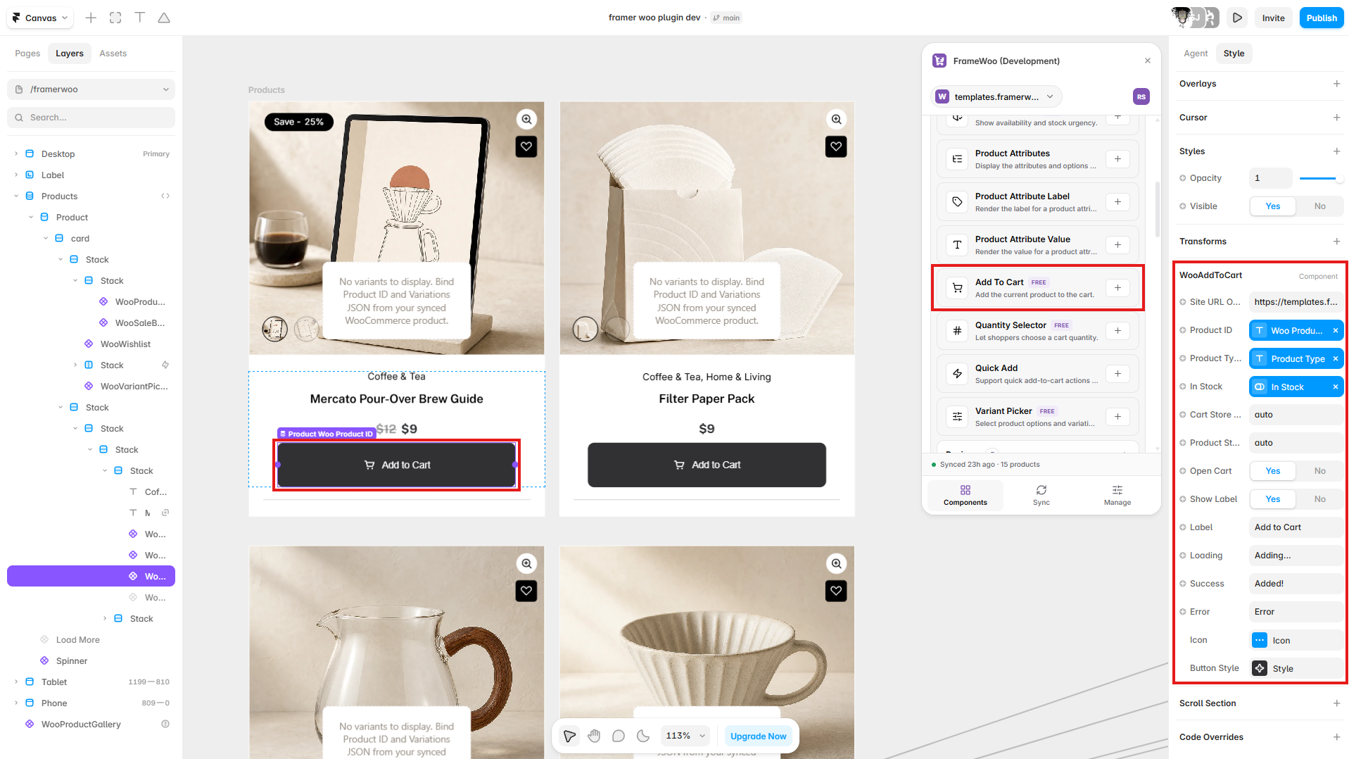 Add To Cart displayed on a Framer product card with product and stock fields connected in the property panel
