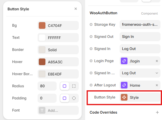 Auth Button Style controls showing colors, border, hover, radius, padding, and font options in Framer