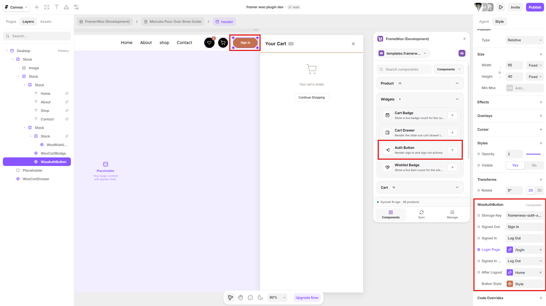 Auth Button displayed in a Framer site header with authentication controls open in the property panel