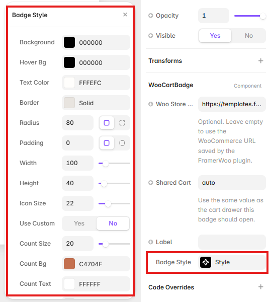 Cart Badge Style controls showing colors, sizing, padding, icon, and count options in Framer