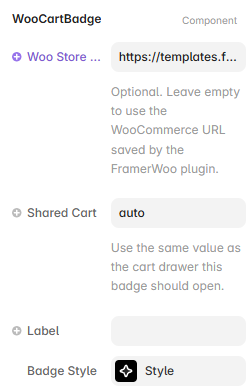 Framer property controls for the Cart Badge component