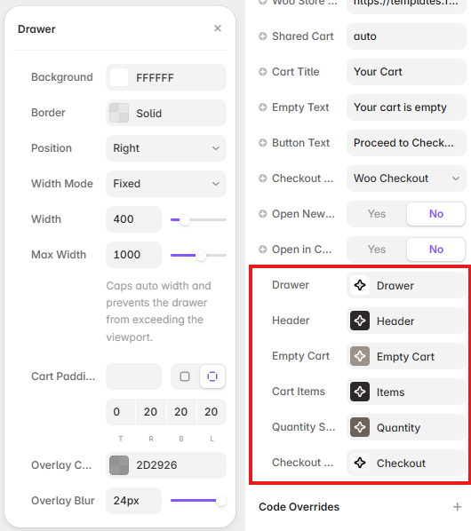 Cart Drawer style controls showing position, dimensions, padding, overlay color, and blur options in Framer