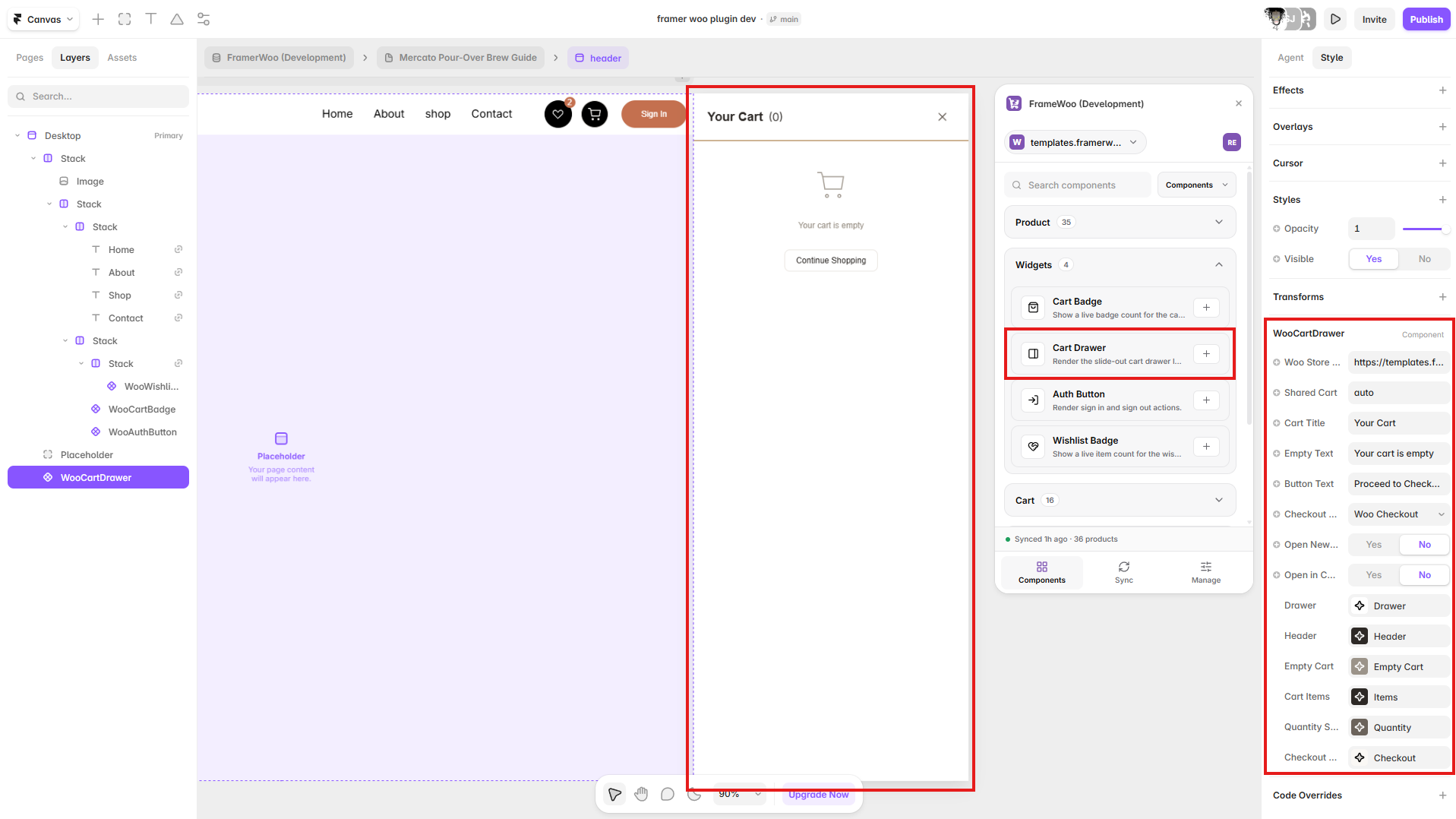 Cart Drawer opened on a Framer page with its cart settings visible in the property panel