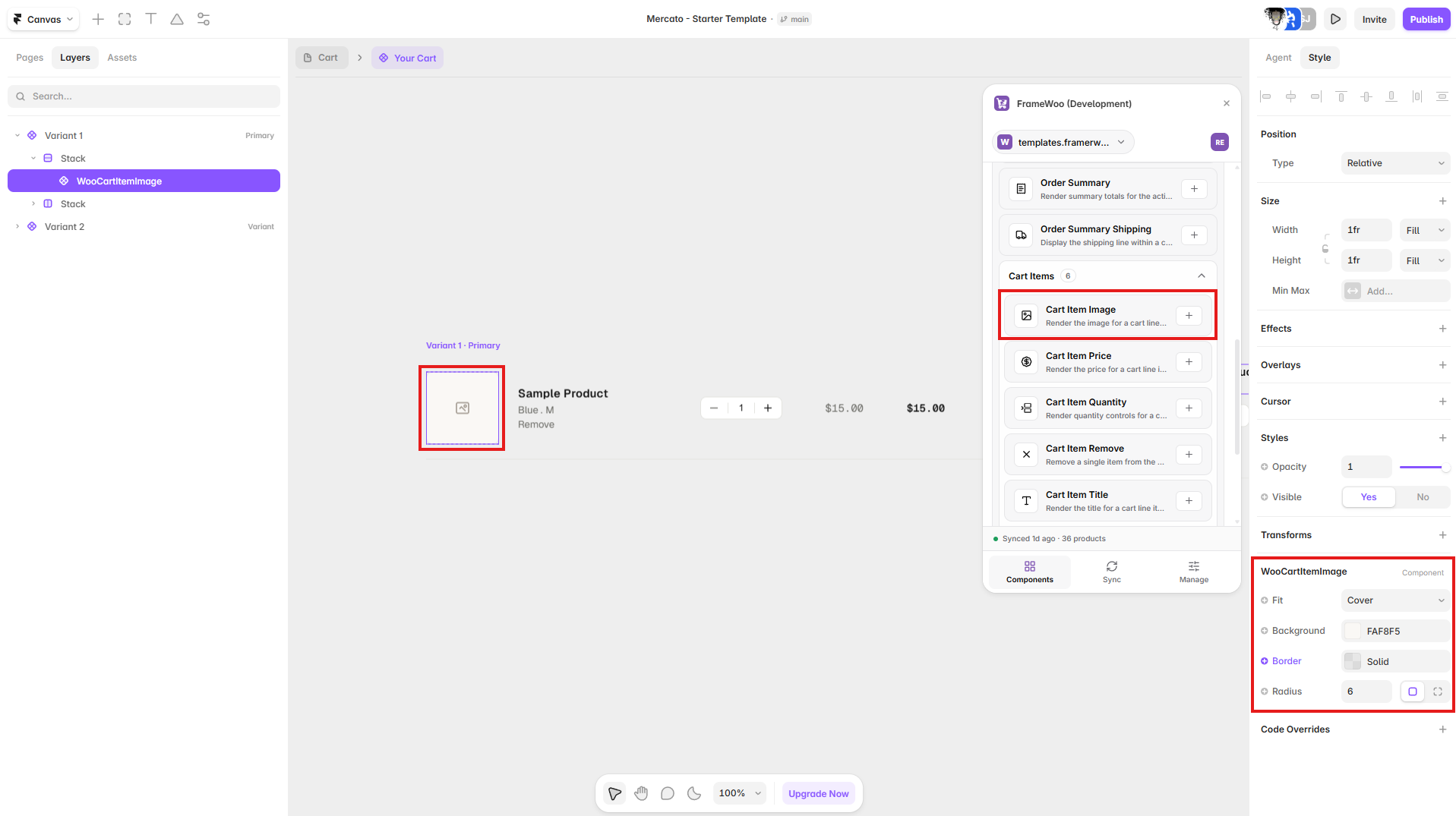 Cart Item Image displayed in a Framer cart line-item component with its property controls open