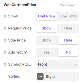 Framer property controls for the Cart Item Price component