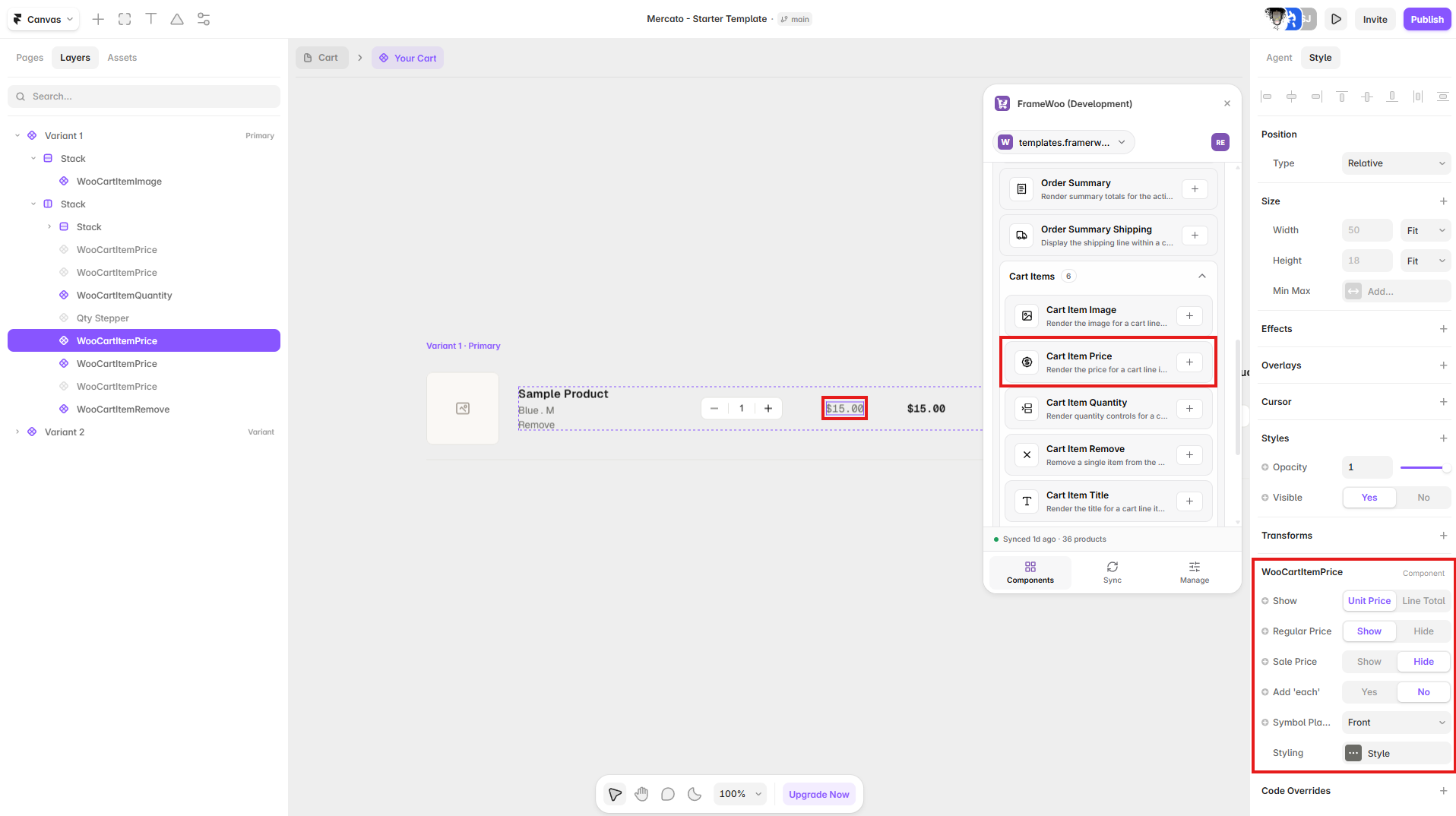 Cart Item Price displayed in a Framer cart line-item component with its property controls open