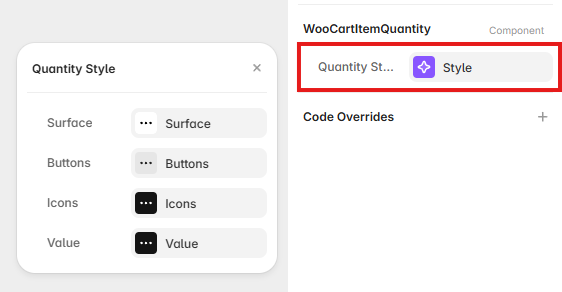 Cart Item Quantity Style controls showing surface, button, icon, and value appearance options in Framer