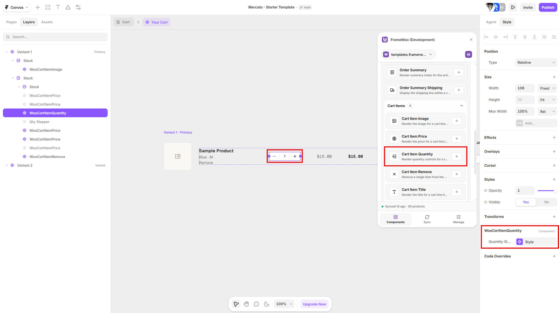 Cart Item Quantity displayed in a Framer cart line-item component with its Quantity Style control visible