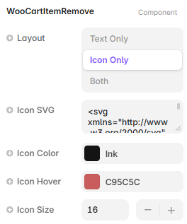 Framer property controls for the Cart Item Remove component
