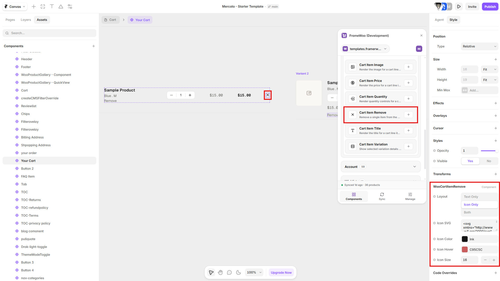 Cart Item Remove displayed in a Framer cart line-item component with its property controls open