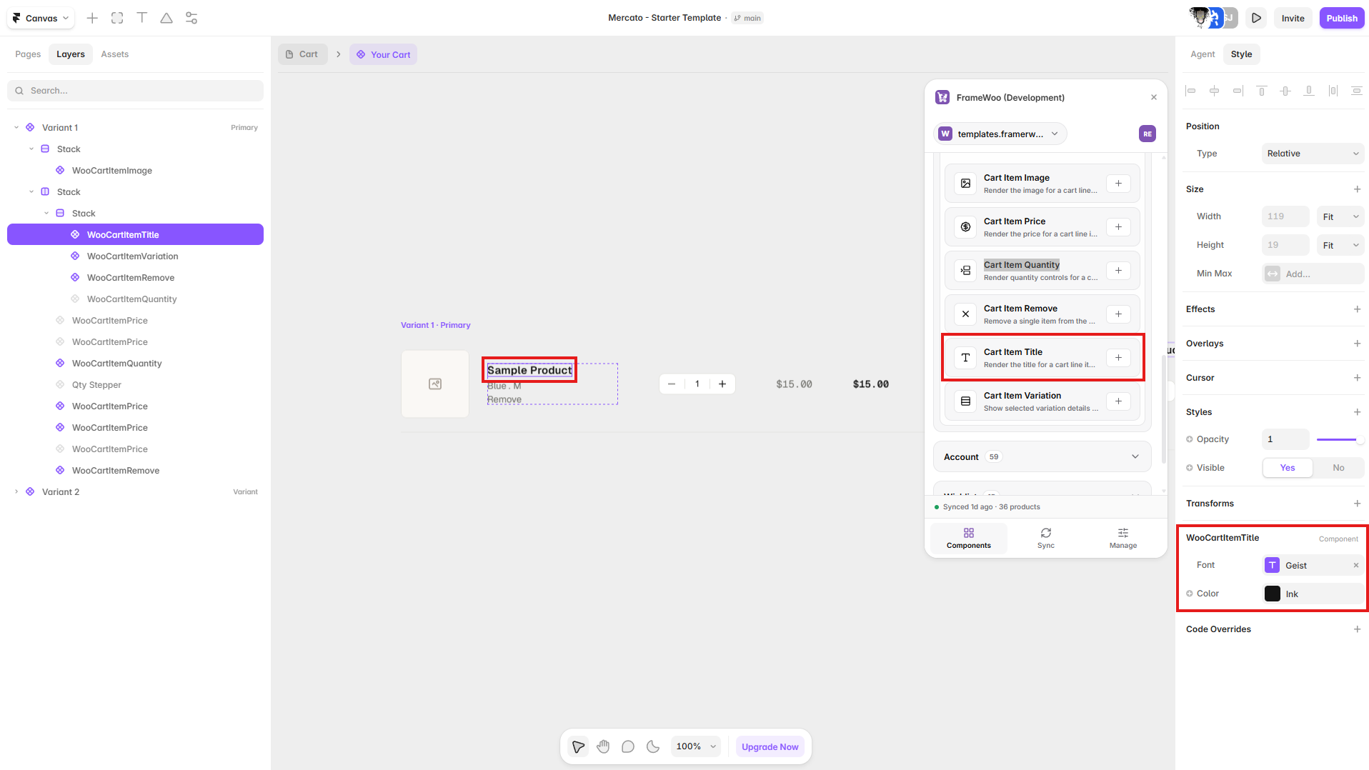 Cart Item Title displayed in a Framer cart line-item component with its property controls open