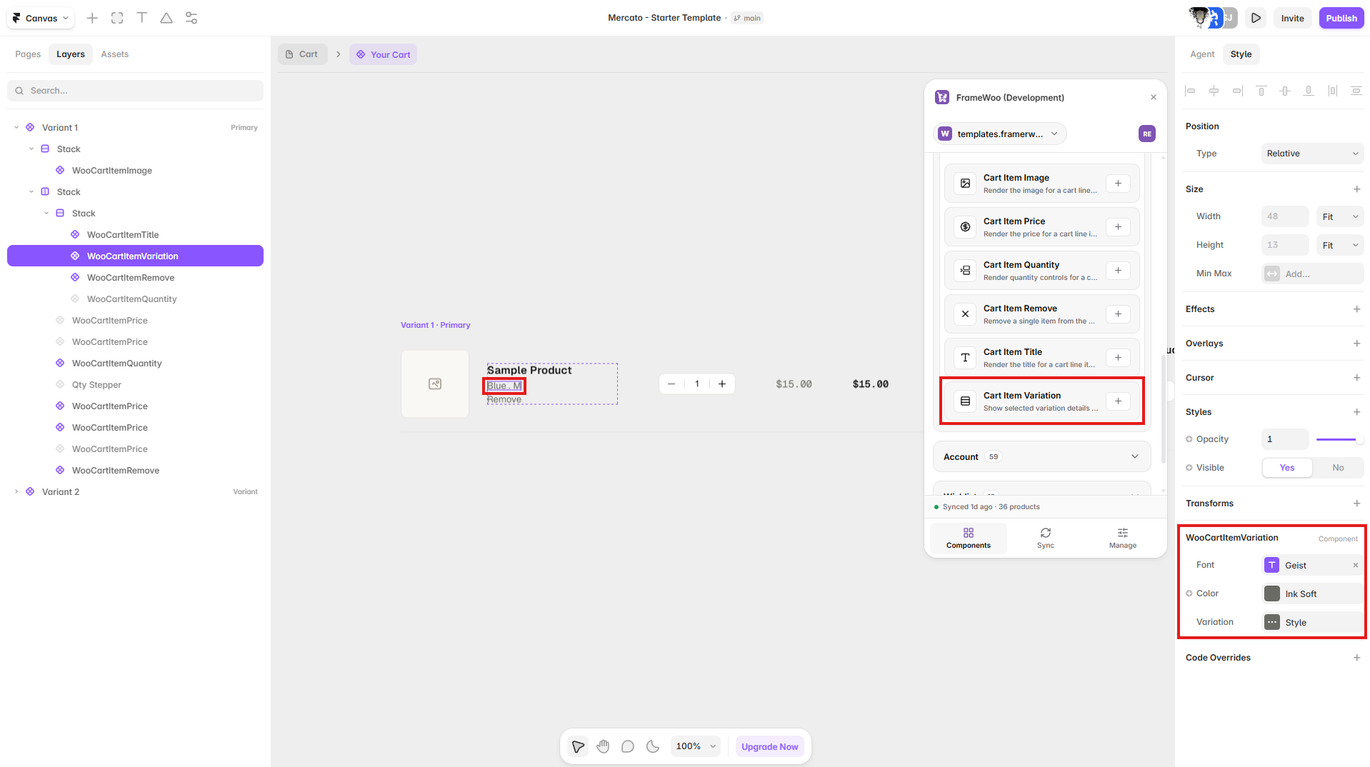 Cart Item Variation displayed in a Framer cart line-item component with its Variation style control visible