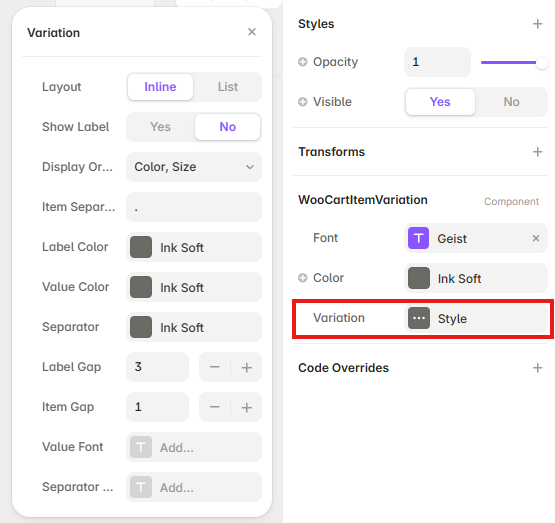 Cart Item Variation controls showing layout, labels, ordering, separators, colors, gaps, and typography in Framer
