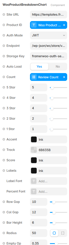 Framer property controls for the Product Breakdown Chart component