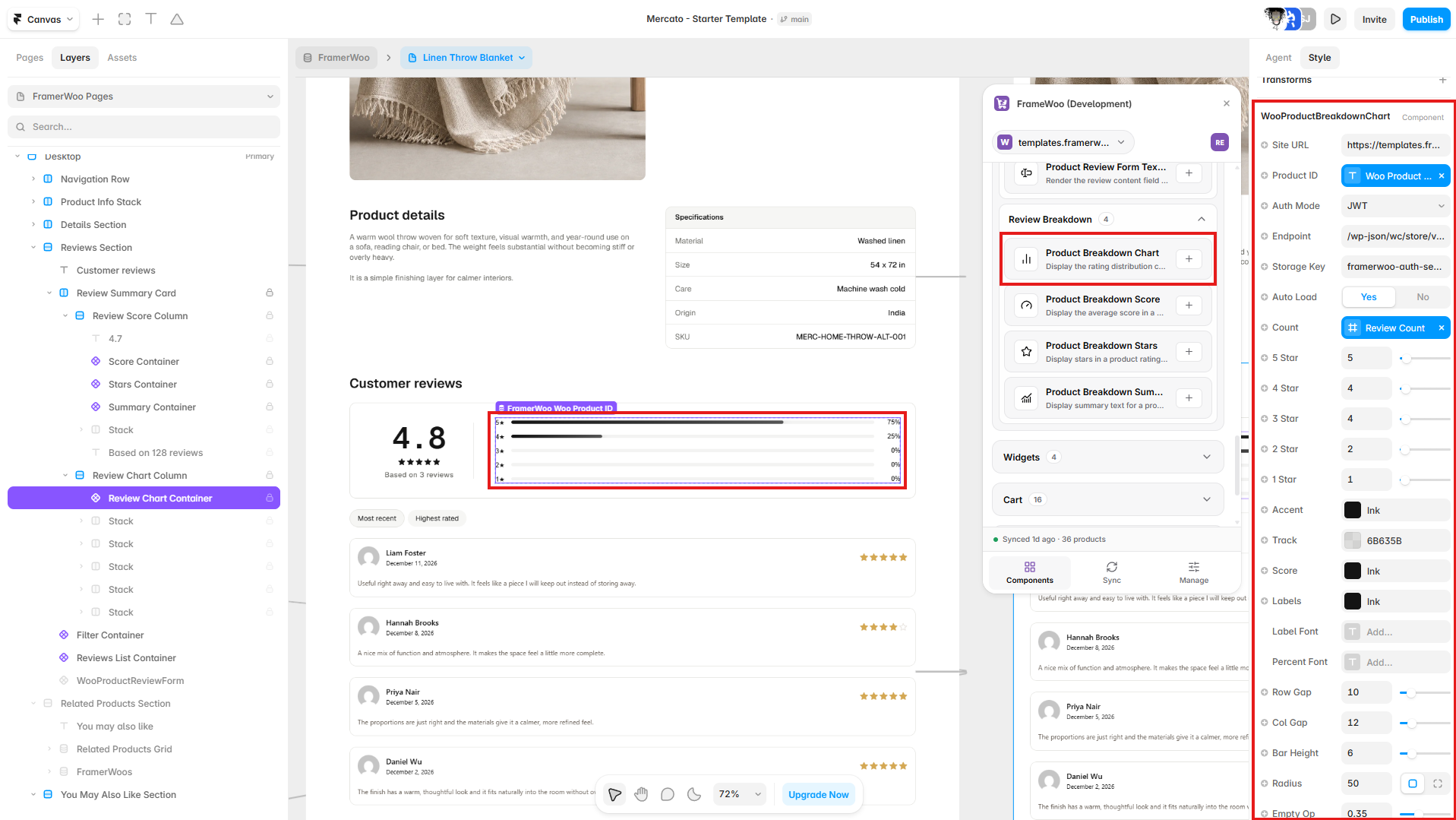 Product Breakdown Chart displayed in a Framer customer reviews summary with its property controls open