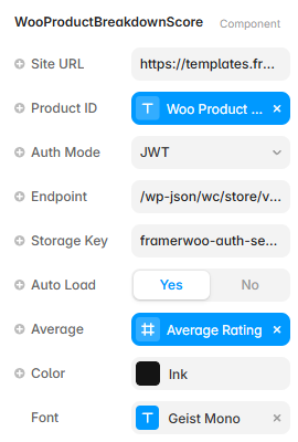 Framer property controls for the Product Breakdown Score component