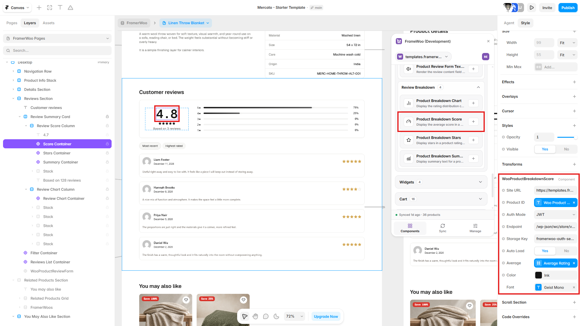 Product Breakdown Score displayed in a Framer customer reviews summary with its property controls open