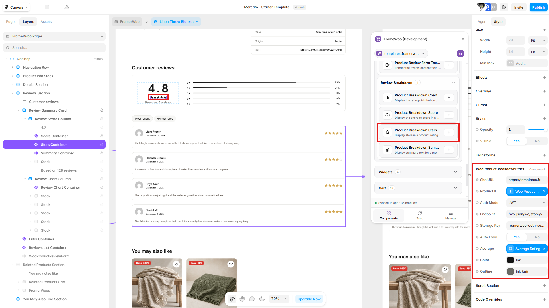 Product Breakdown Stars displayed in a Framer customer reviews summary with its property controls open