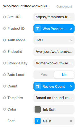 Framer property controls for the Product Breakdown Summary component