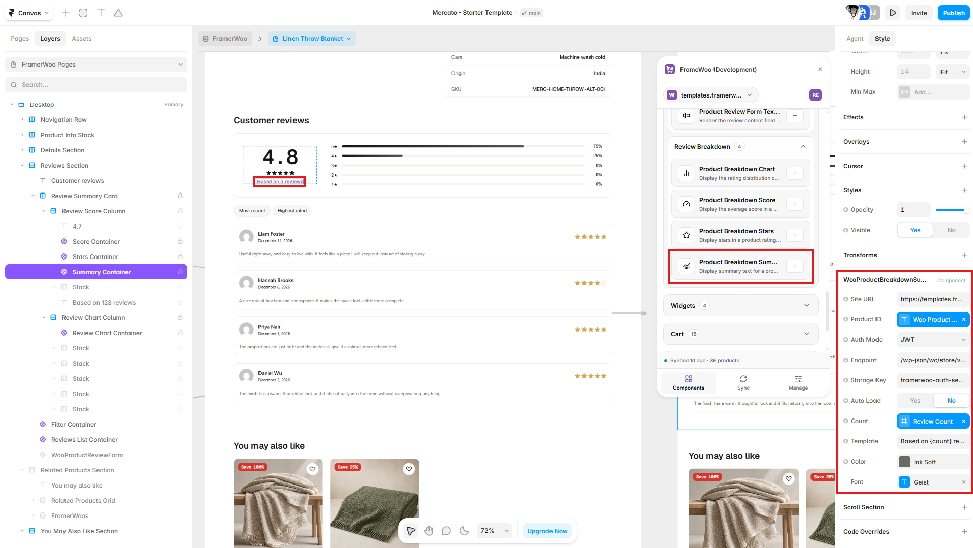 Product Breakdown Summary displayed in a Framer customer reviews summary with its property controls open