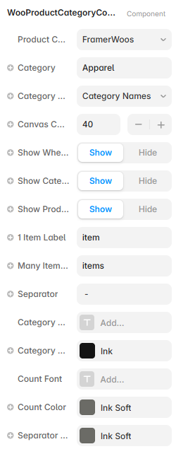 Framer property controls for the Product Category Count component