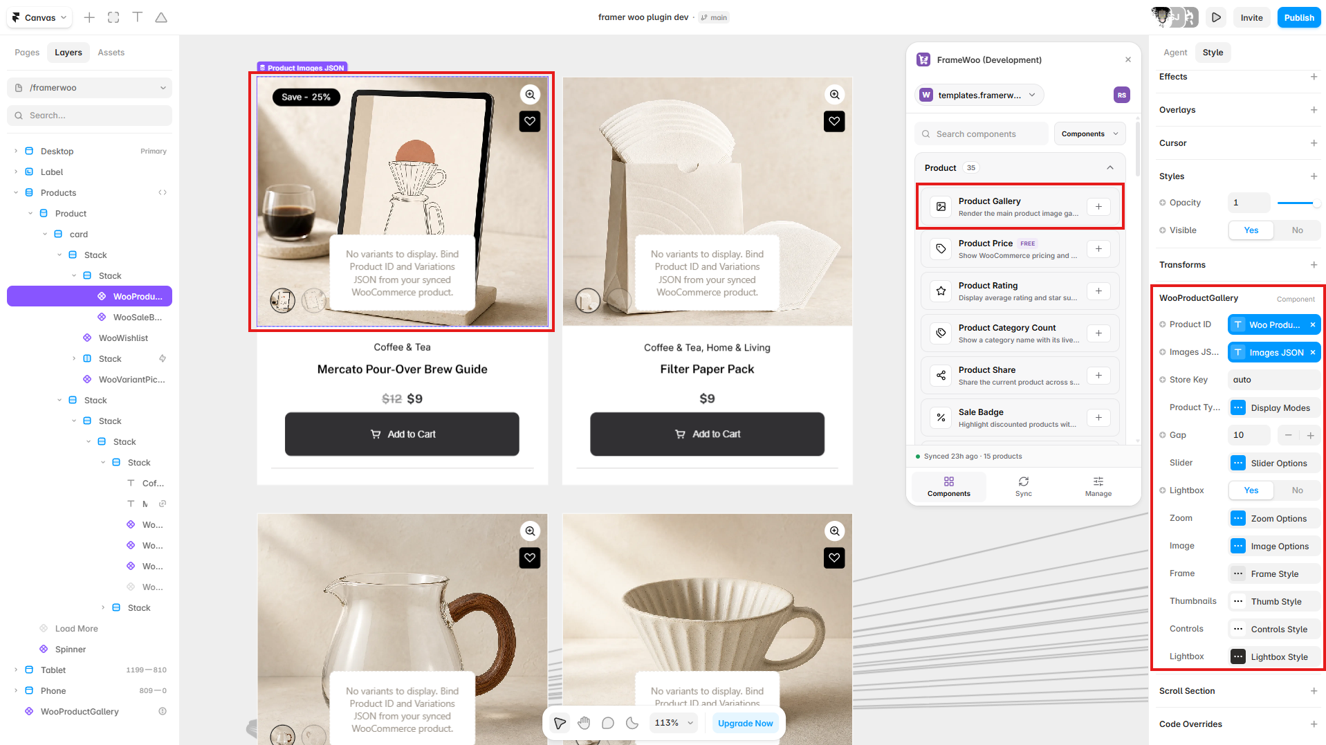 Product Gallery inserted on a Framer product card with its CMS image fields connected in the property panel