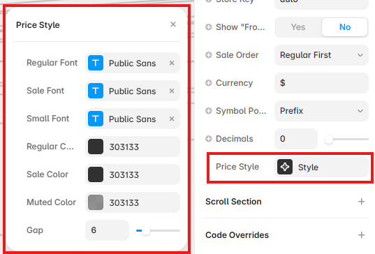 Product Price Style controls showing font, color, and spacing options in Framer