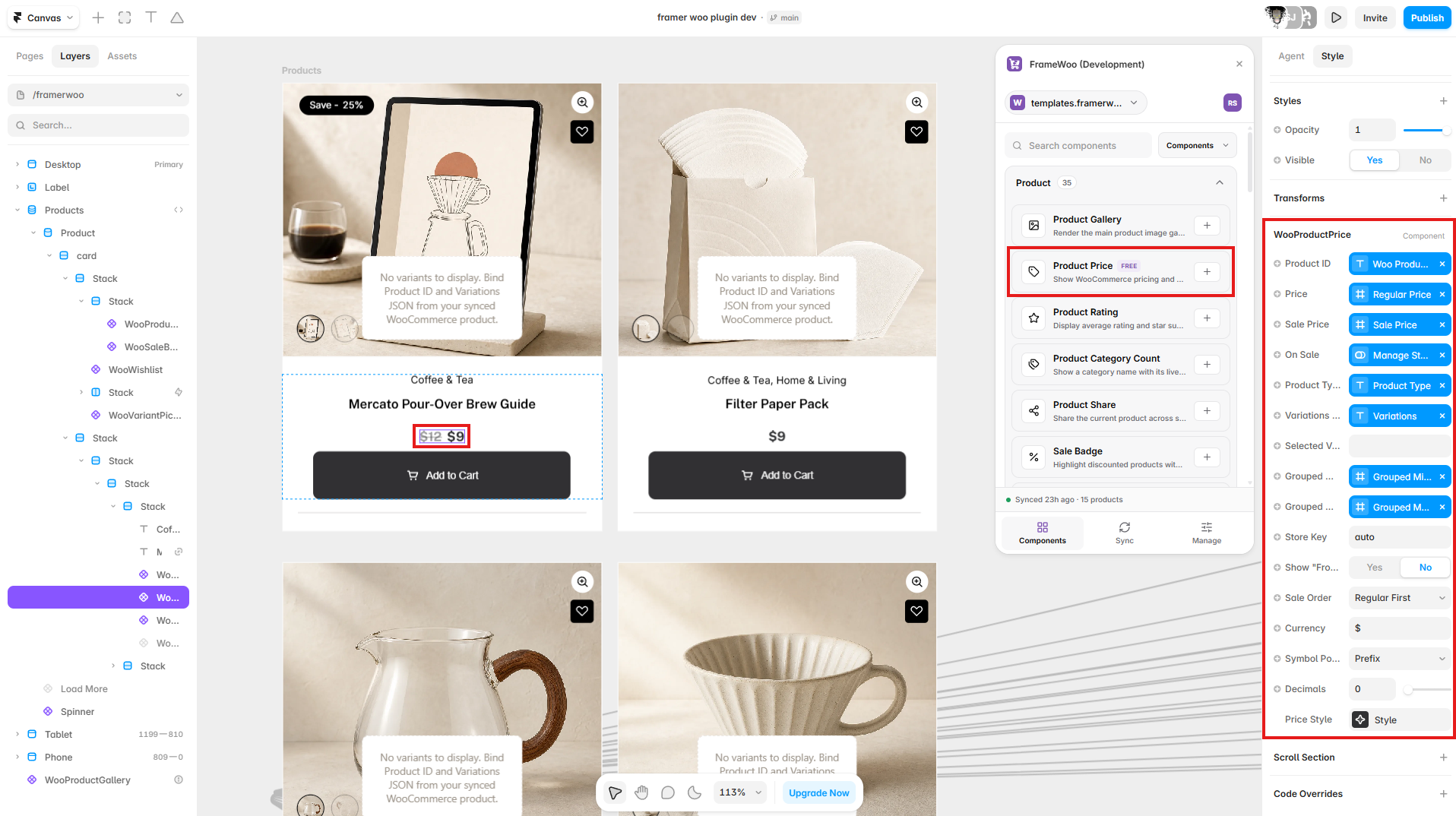 Product Price inserted on a Framer product card with its CMS fields connected in the property panel