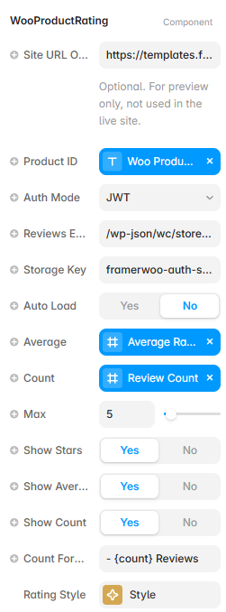 Framer property controls for the Product Rating component