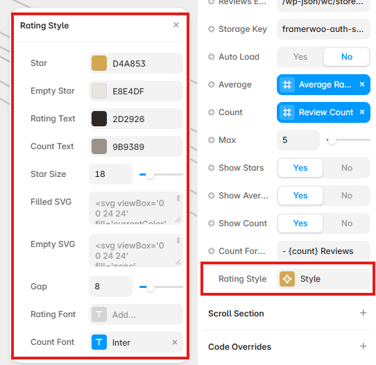Product Rating Style controls showing star, text, font, SVG, and spacing options in Framer