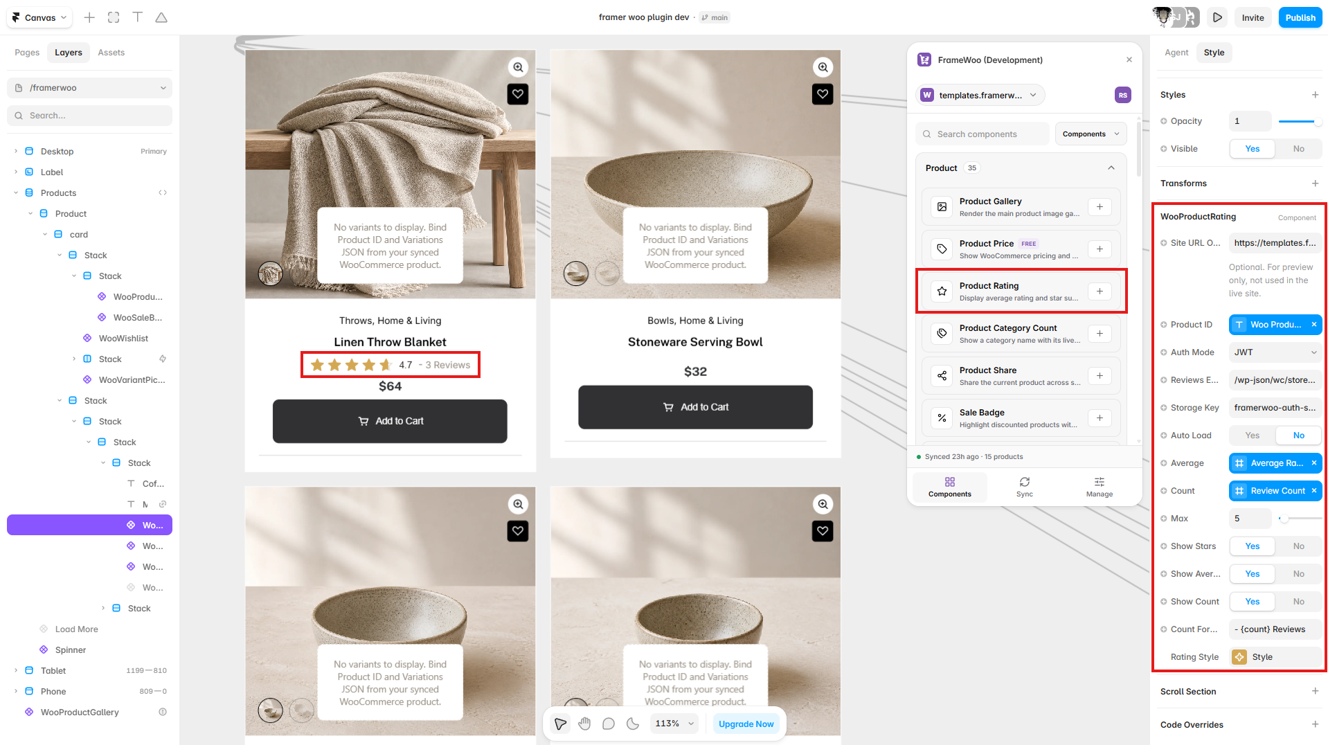 Product Rating displayed on a Framer product card with review data connected in the property panel