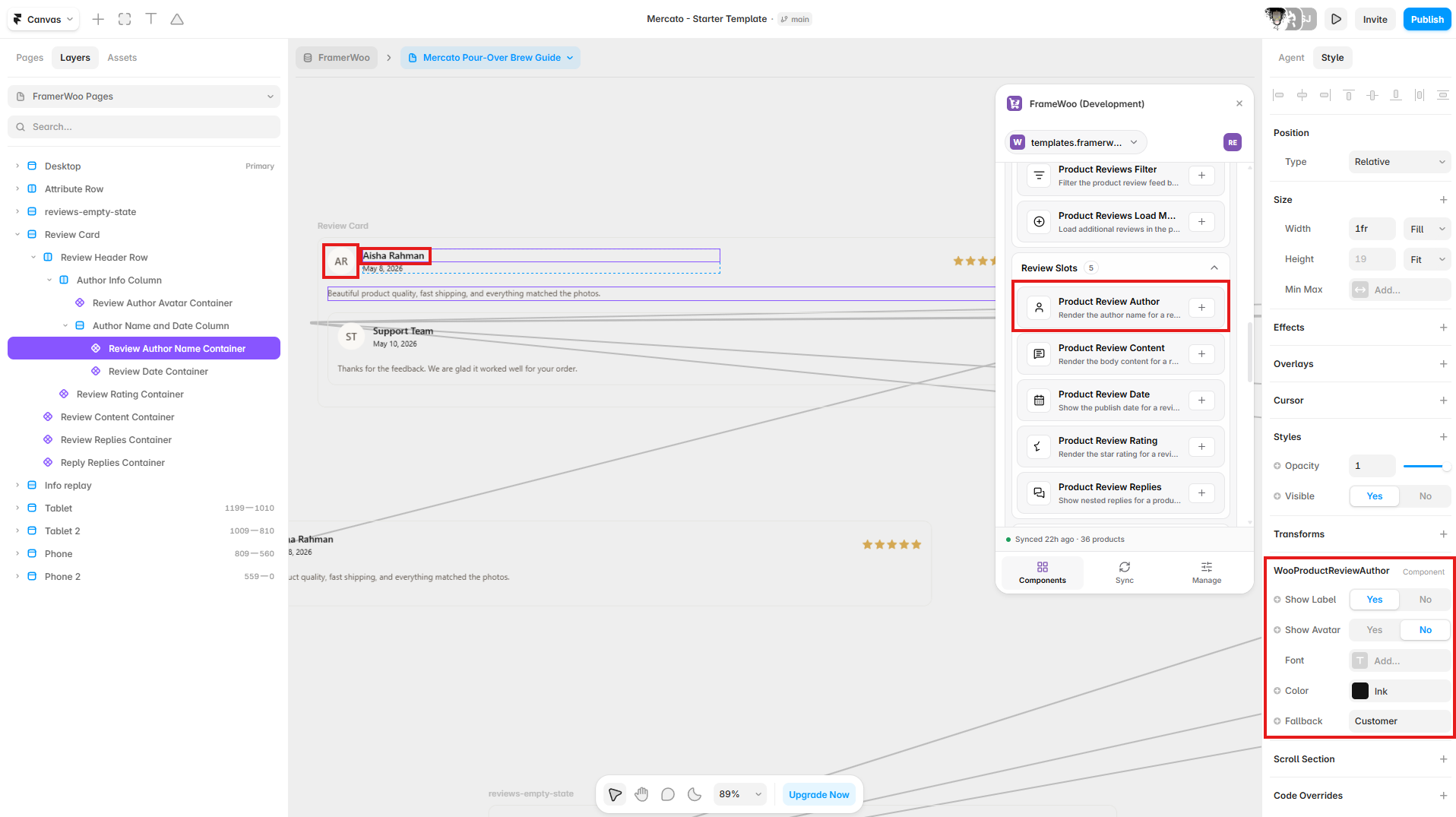 Product Review Author displayed in a Framer review card with its controls open in the property panel