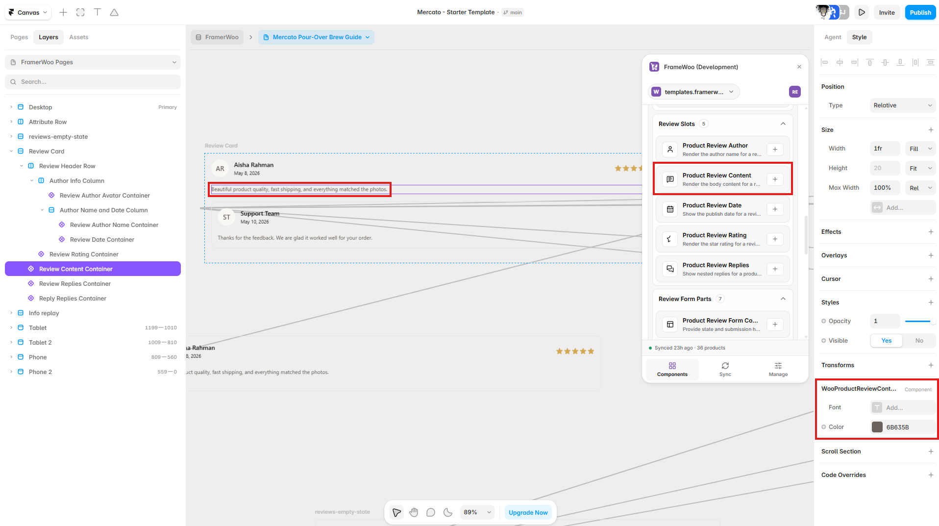 Product Review Content displayed in a Framer review card with its controls open in the property panel