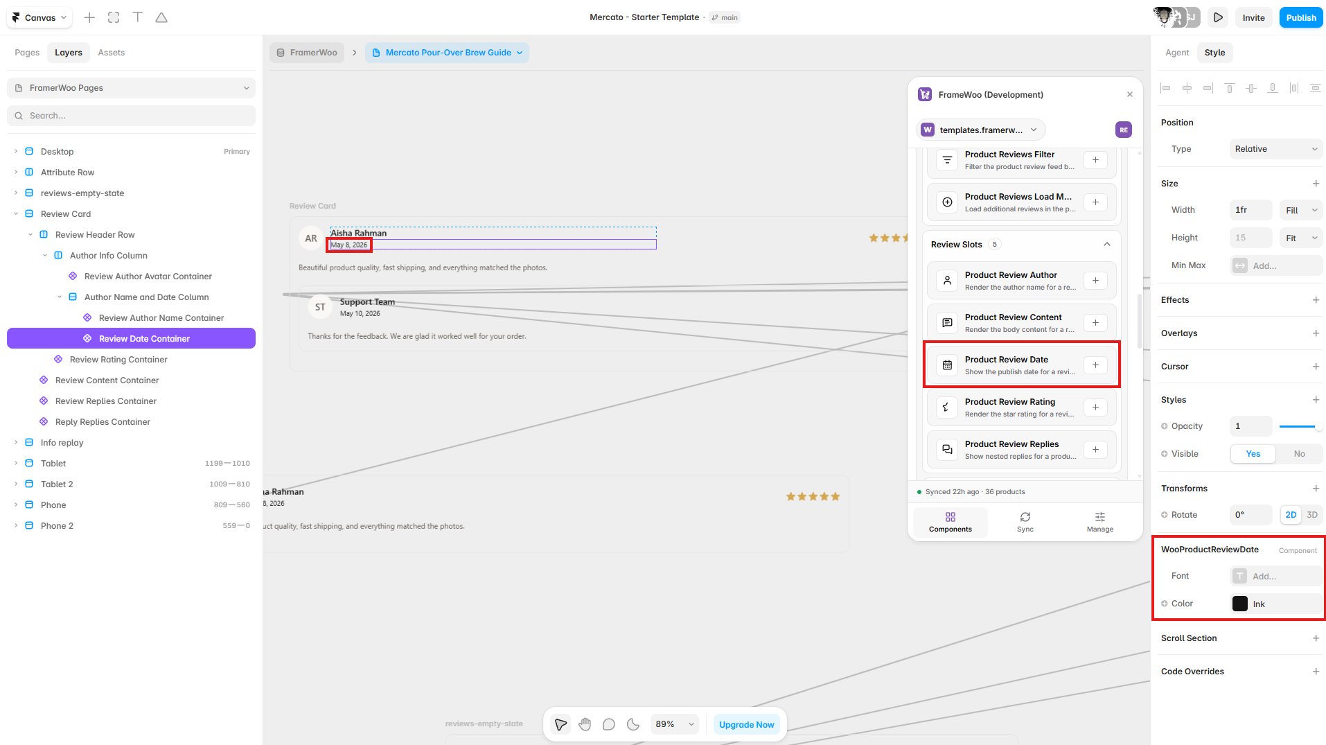 Product Review Date displayed in a Framer review card with its controls open in the property panel