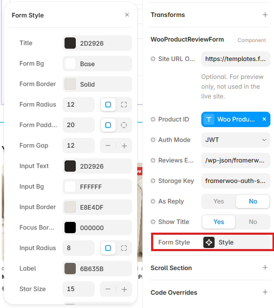 Product Review Form Style controls showing form, input, label, and rating appearance options in Framer