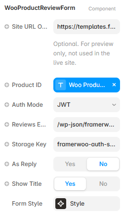 Framer property controls for the Product Review Form component