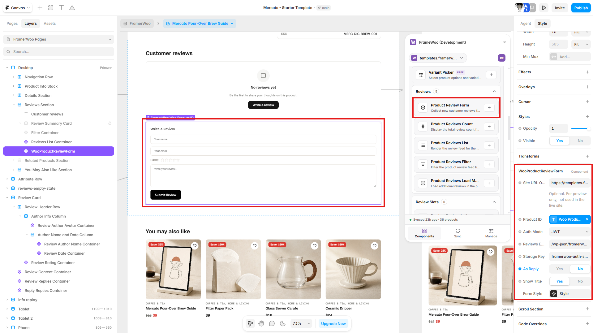 Product Review Form displayed in a Framer product reviews section with its controls open in the property panel