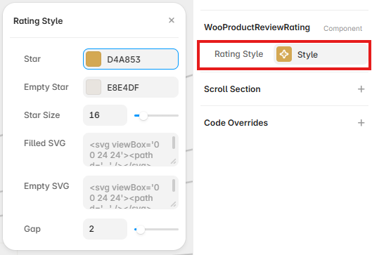 Product Review Rating Style controls showing star colors, size, SVG artwork, and spacing in Framer