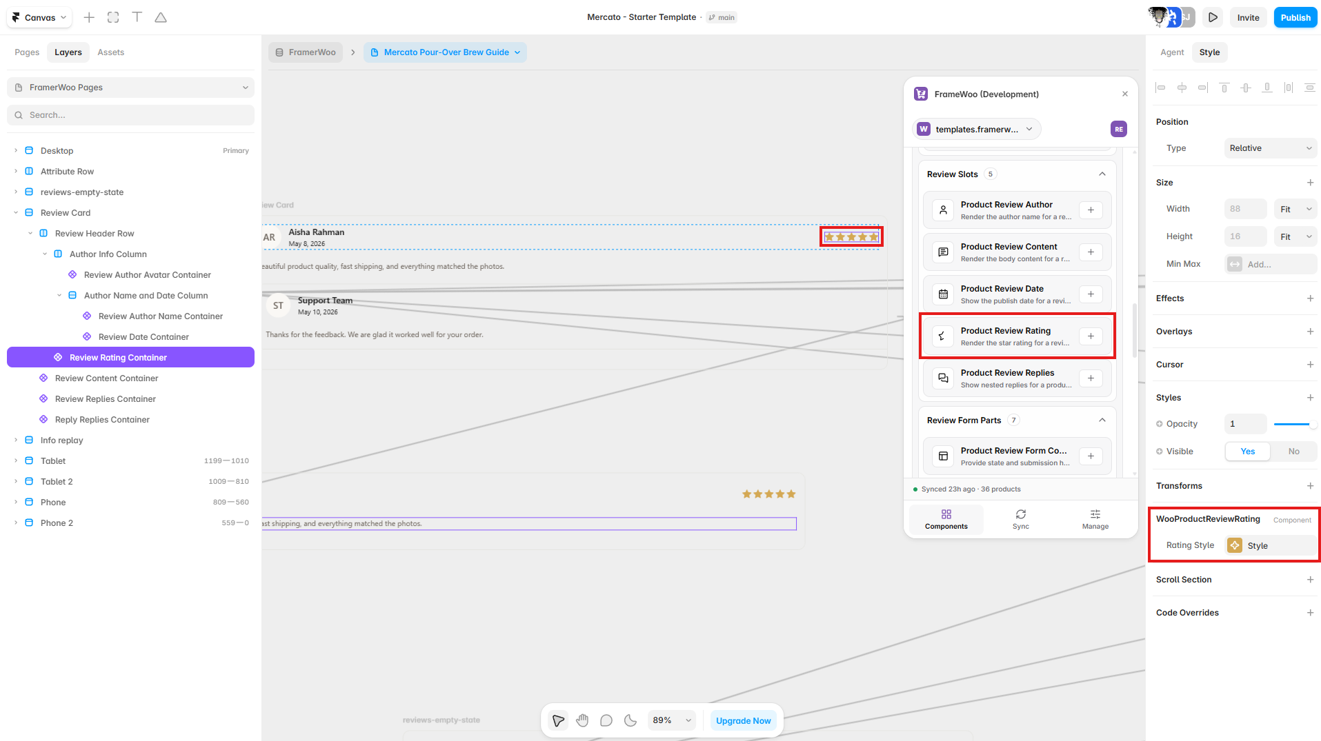 Product Review Rating displayed in a Framer review card with its Rating Style control visible