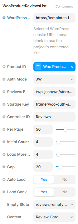 Framer property controls for the Product Reviews List component