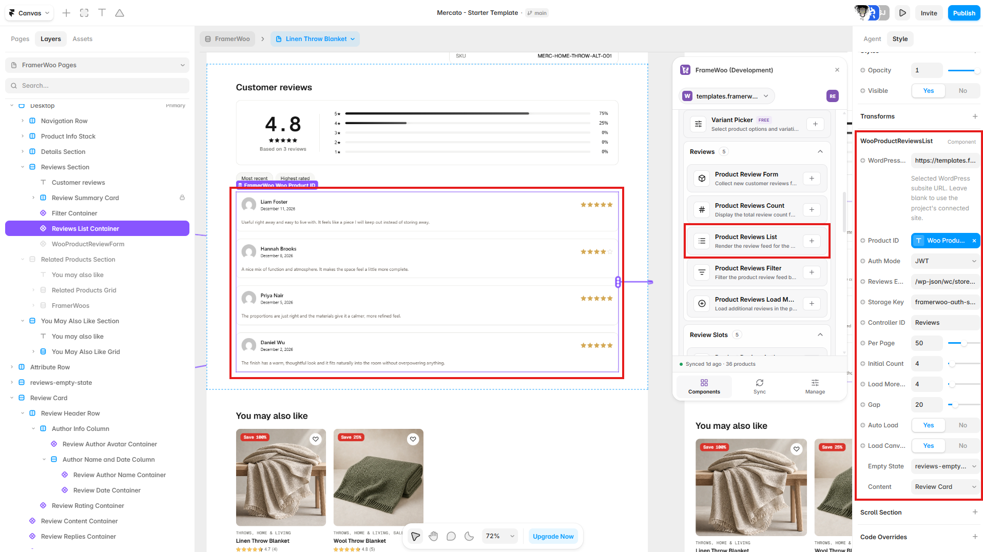Product Reviews List displayed in a Framer customer reviews section with its controls open in the property panel