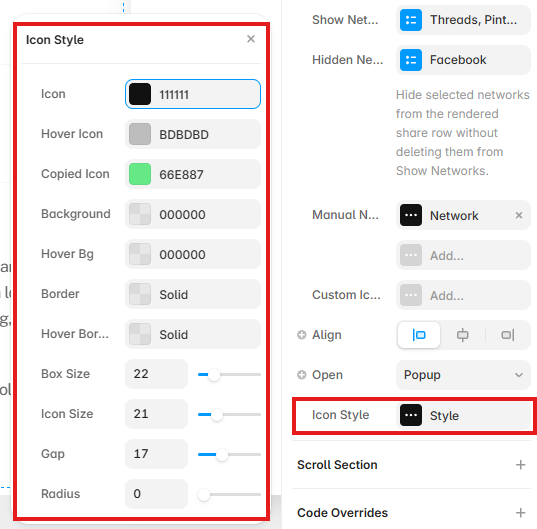 Product Share Icon Style controls showing colors, borders, sizing, spacing, and radius options in Framer