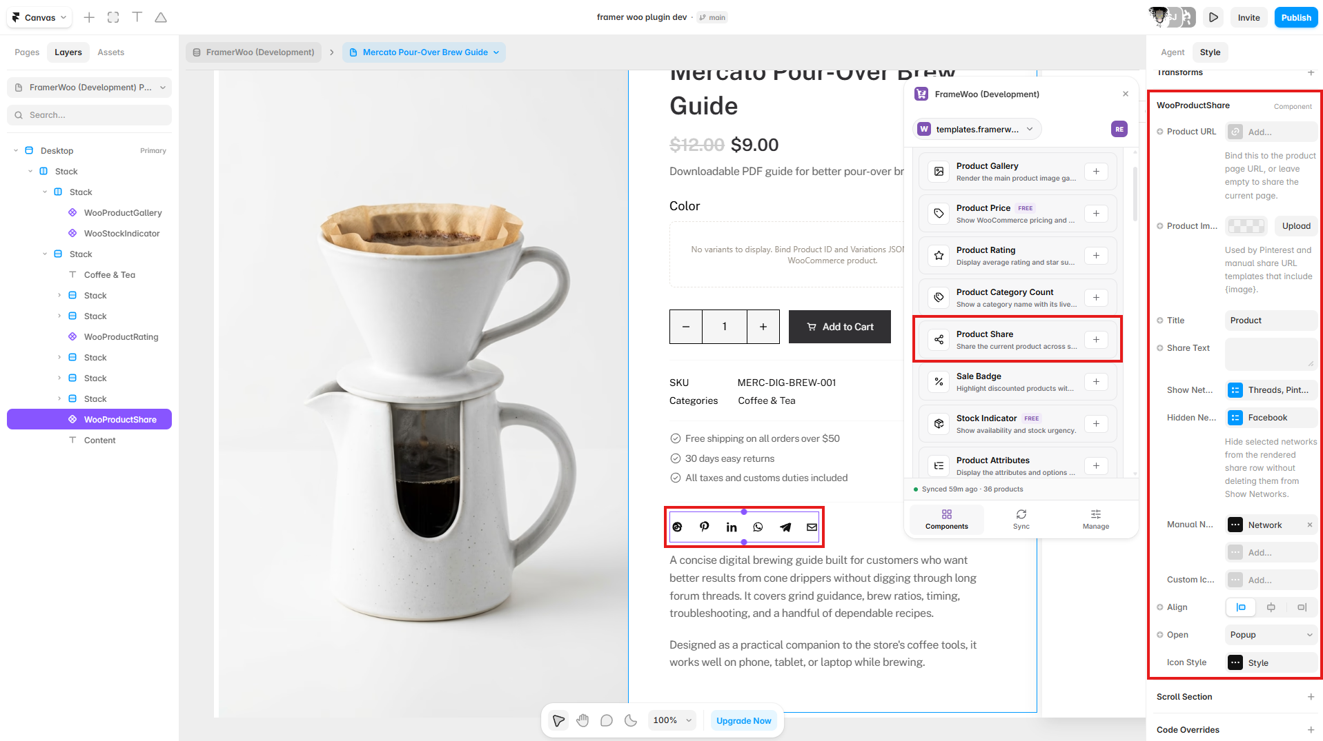 Product Share displayed on a Framer product page with sharing controls connected in the property panel