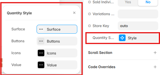 Quantity Selector Style controls showing surface, button, icon, and value options in Framer