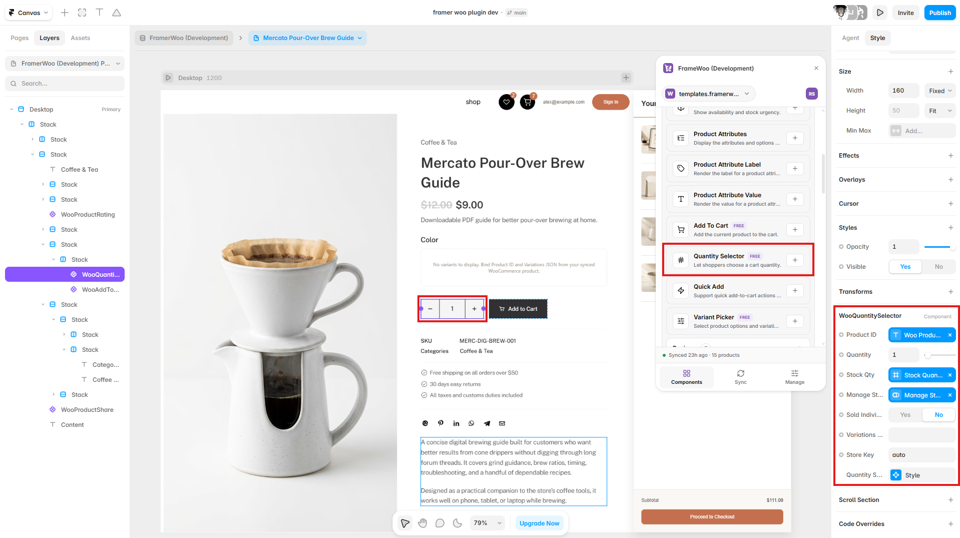 Quantity Selector displayed beside Add To Cart on a Framer product page with stock fields connected