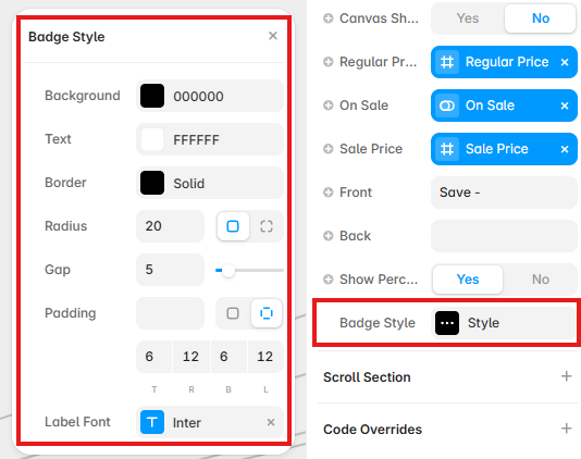 Sale Badge Style controls showing colors, border, radius, spacing, padding, and font options in Framer