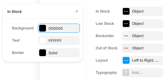Stock Indicator In Stock style controls showing background, text, and border options in Framer