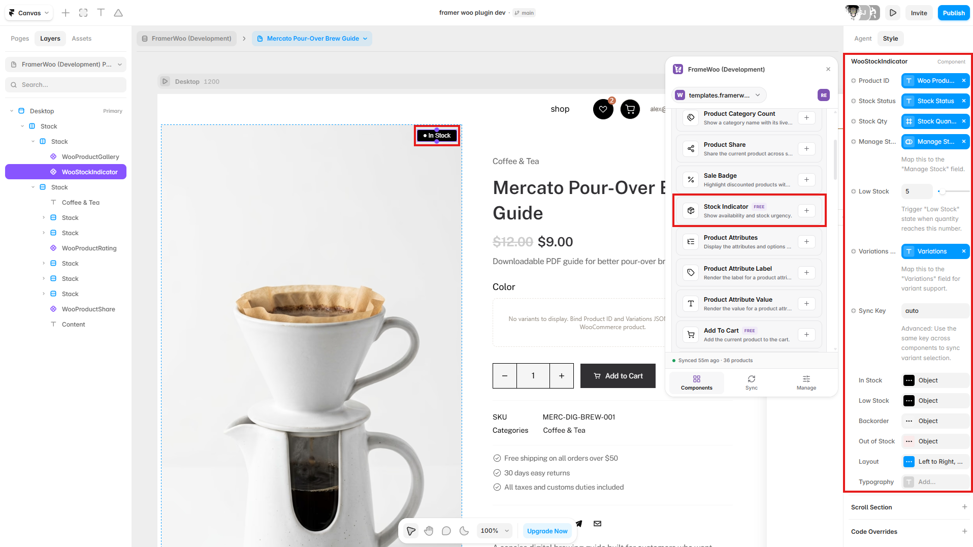 Stock Indicator displayed over a product image on a Framer product page with stock fields connected