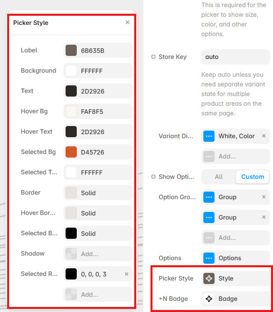 Variant Picker Style controls showing label, color, border, shadow, and selected-state options in Framer
